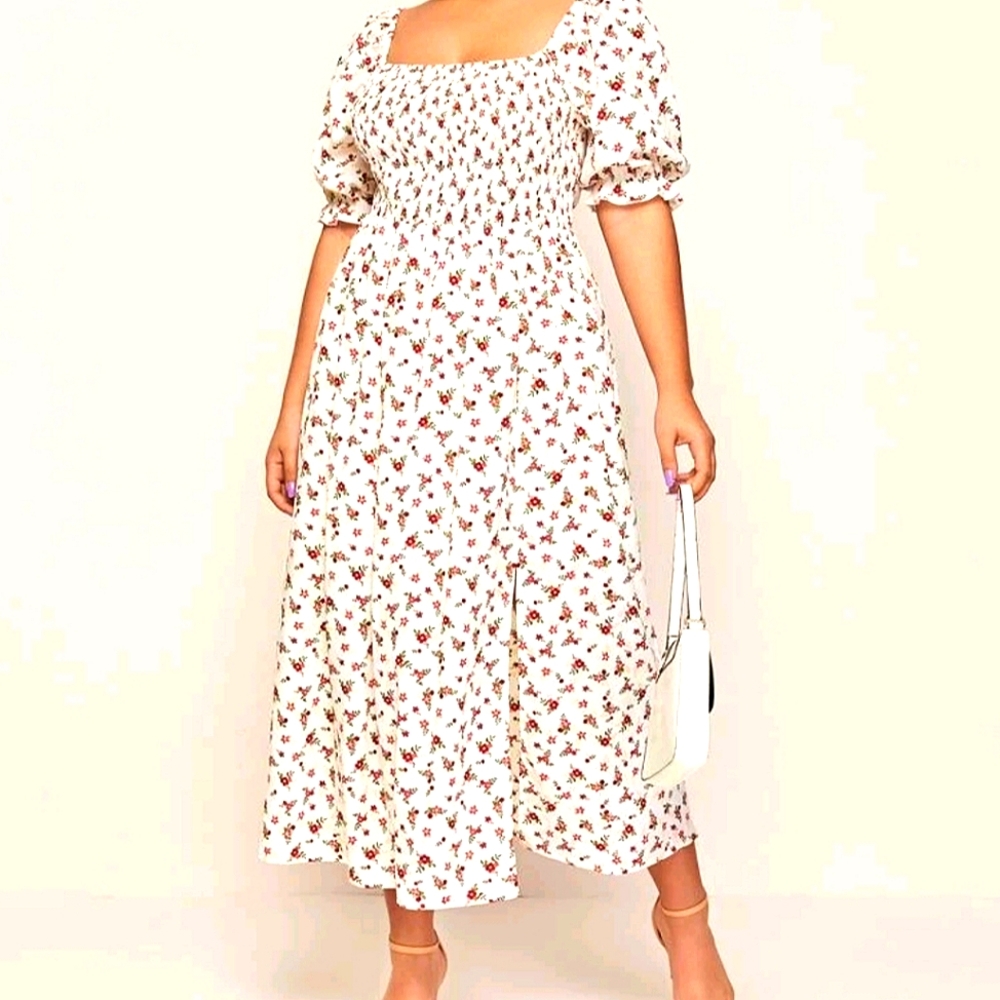 NWOT Floral Puff Sleeved Shirred Milkmaid Dress